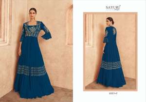 Sayuri Designer Threads Gold Readymade Amazing Long Gown With Designer Shrug