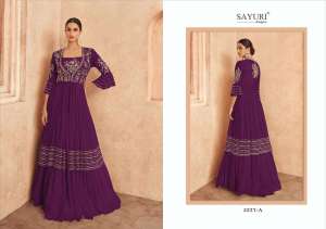 Sayuri Designer Threads Gold Readymade Amazing Long Gown With Designer Shrug