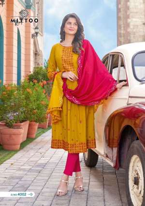 Mittoo Present Antra Fancy 3pcs Set Nayra Cut Kurti With Pant And Chanderi Dupatta Catalog