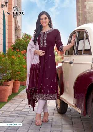 Mittoo Present Antra Fancy 3pcs Set Nayra Cut Kurti With Pant And Chanderi Dupatta Catalog