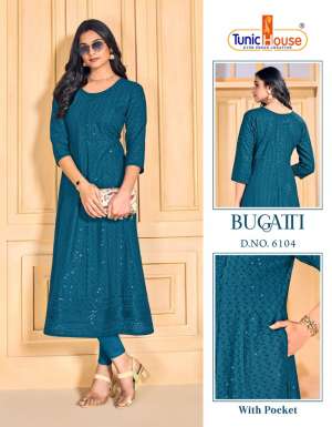TUNIC HOUSE BUGATTI VISCOSE RAYON CATCHY LOOK ANARKALI KURTI SIZE SET