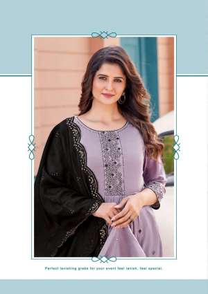 Mittoo Present Antra Fancy 3pcs Set Nayra Cut Kurti With Pant And Chanderi Dupatta Catalog