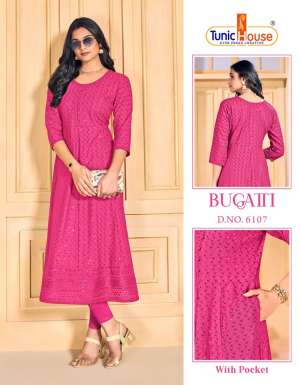 TUNIC HOUSE BUGATTI VISCOSE RAYON CATCHY LOOK ANARKALI KURTI SIZE SET