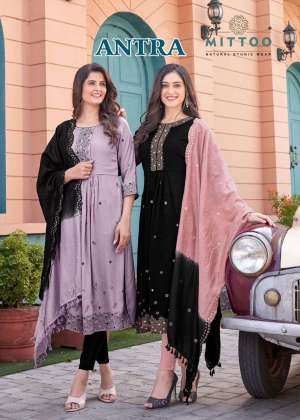 Mittoo Present Antra Fancy 3pcs Set Nayra Cut Kurti With Pant And Chanderi Dupatta Catalog