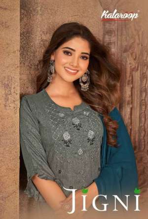 Kalaroop Present Jigni Stone Embroidered Work Kurti With Pant And Dupatta