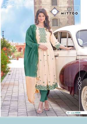 Mittoo Present Antra Fancy 3pcs Set Nayra Cut Kurti With Pant And Chanderi Dupatta Catalog
