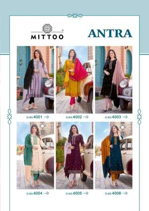 Mittoo Present Antra Fancy 3pcs Set Nayra Cut Kurti With Pant And Chanderi Dupatta Catalog