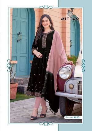Mittoo Present Antra Fancy 3pcs Set Nayra Cut Kurti With Pant And Chanderi Dupatta Catalog